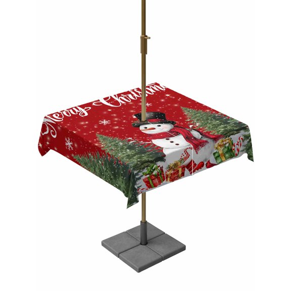 Outdoor Tablecloth with Umbrella Hole and Zipper, Red Christmas Square Table Cloth 60x60 Inch Waterproof Tablecloth, Snowman Xmas Tree Gifts Snowflake Winter Picnic Table Cover for Patio Camping