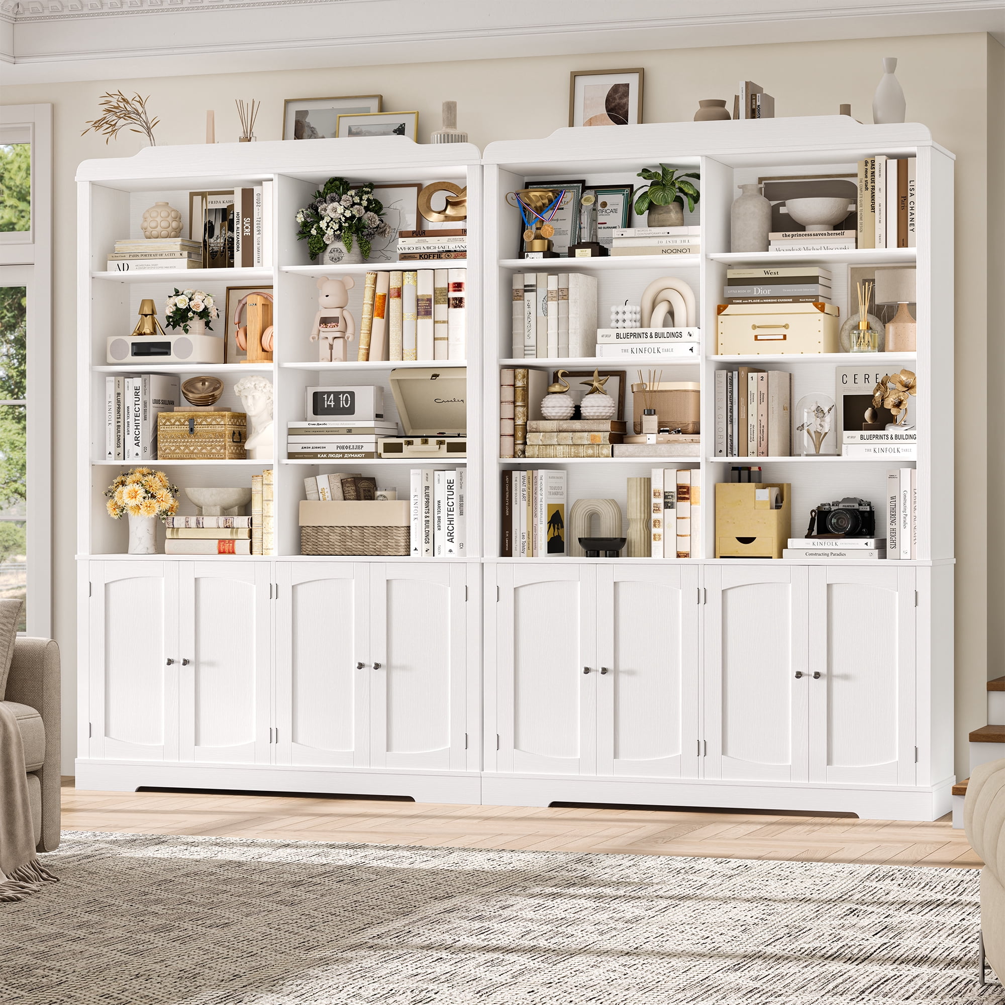 Homfa 73'' Tall Bookcase with 4 Doors, 6-Tier 8 Cubes Display Bookshelf, Double Row Bookcase with Adjustable Shelves for Living Room Home Office, White