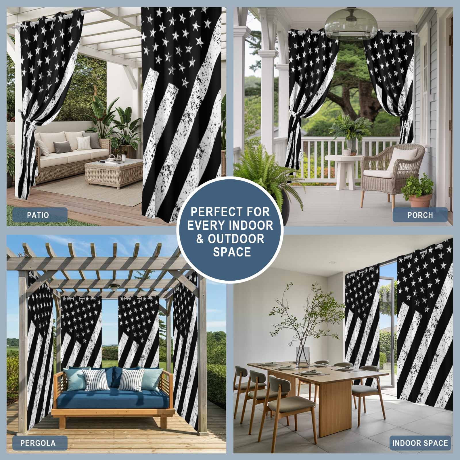 Independence Day Outdoor Curtains for Patio, Vintage Distressed Black and White American Flag Sunshade Privacy Drapes Grommet Waterproof Outside Curtains for Porch/Cabana/Balcony 54"x 108", 1 Panel