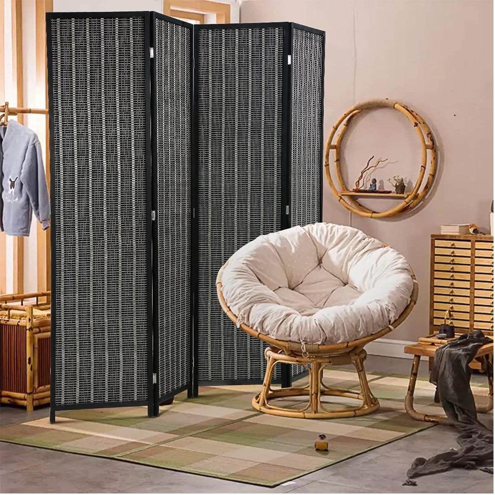 NiamVelo Room Divider 4 Panel Folding Screen Partitions, Freestanding Privacy Screen Partition Wall Tall Room Divider, Black