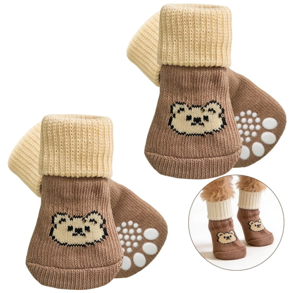GASTROPOD 4Pcs Socks with Grippers for Samll Dog,Anti-Slip Rubber Sole Dog Socks,Cartoon Bear Pattern High-Stretch Cuff for Easy on & Off Paw Socks for Slippery Floors,S