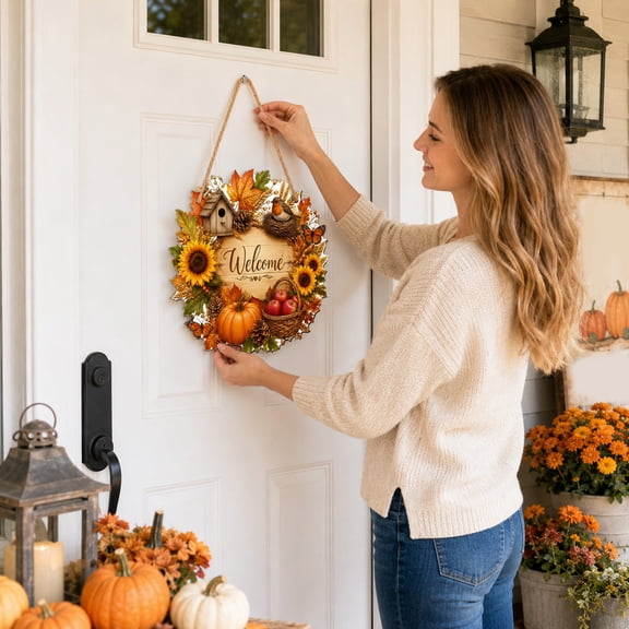 Small Fall Wreath, Welcome Sign, Autumn Door Decor for Front Door | Cute Hello Fall wreath for front door, wall, office, entryway, and indoor outdoor autumn harvest decor. D