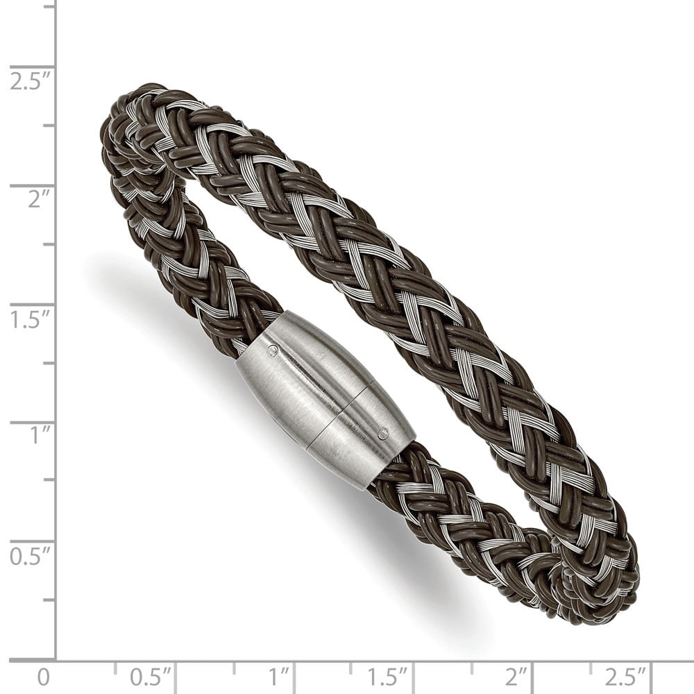 Diamond2Deal Stainless Steel Brushed Braided Wire and Brown Rubber Bracelet for Men 8.5"