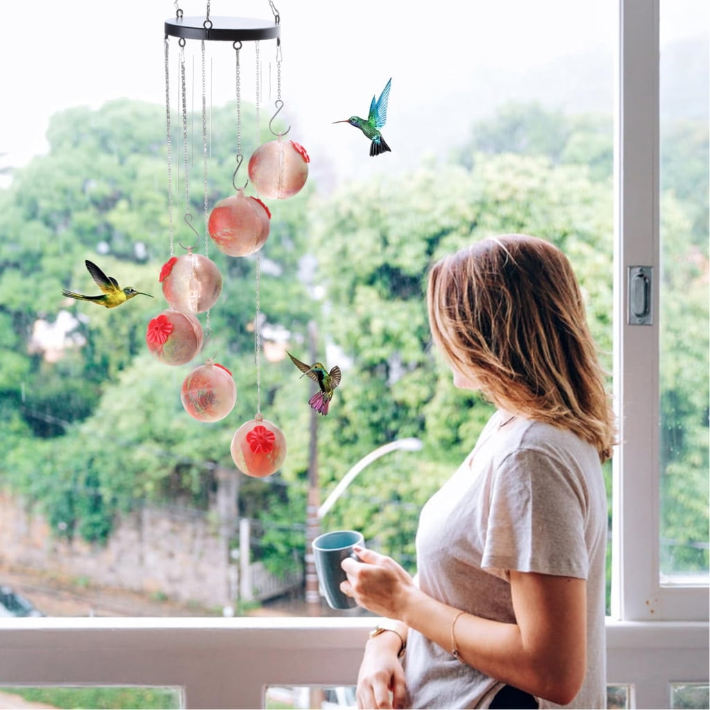 Outdoor Bird Feeder Wind Chimes Hummingbird Feeders with 6 Feeding Ports Easy Cleaning Garden Garden Yard Redness Color