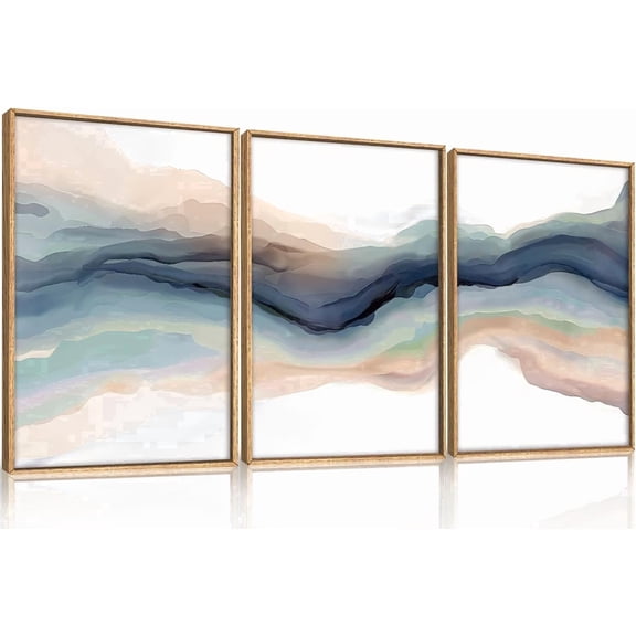 TOARTi Blue Abstract Wall Art, Watercolor Line 16"x24" Framed Art Set of 3, Modern Wave Canvas Wall Decor, Natural Landscape Paint Stroke Prints for Living Room, Bedroom, Office