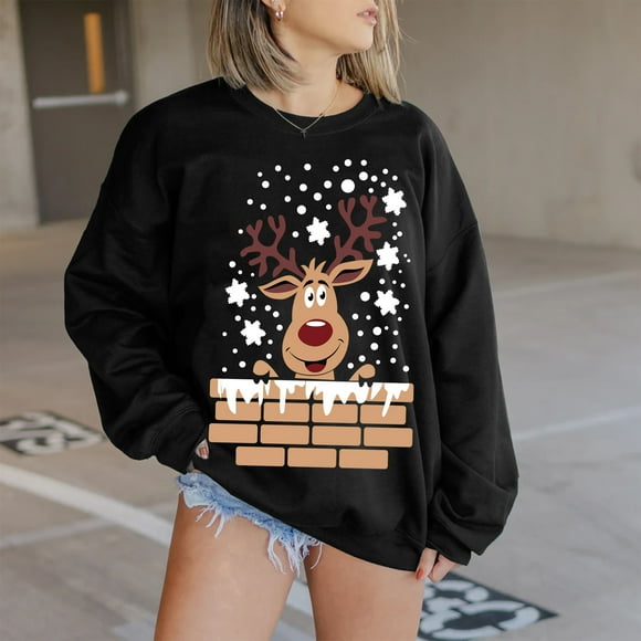 Tetras Plus Size Tops for Women,Women's Fashion Long Sleeves Round Neck Christmas Print Loose Tops,Blouse Sweatshirts