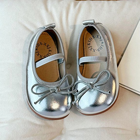 FSYBOA Girls Dress Shoes Size 2(Big Kids), Closed Toe Soft Soled Fashion Elastic Strap Kids Flat Shoes Silver