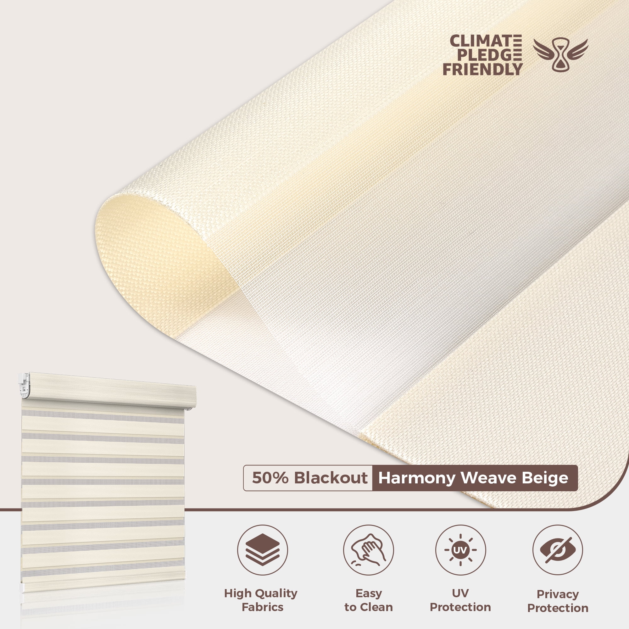 Allesin Zen No Drill No Tools Cordless Zebra Blinds, Beige, 29"Wx48"H