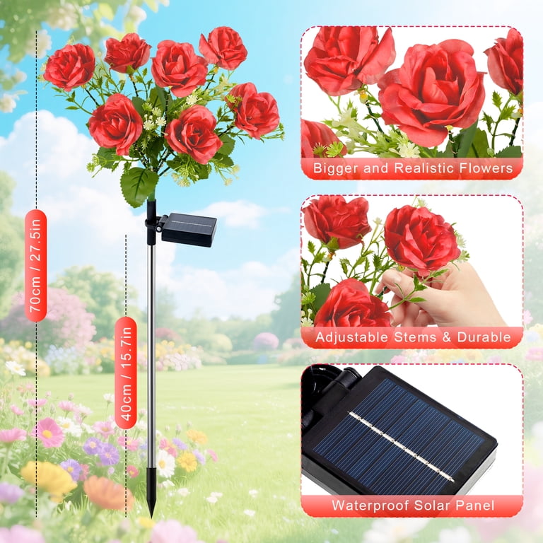 Qoosea Solar Rose Lights, 2 Pack 7 Head Red Flowers photo 5