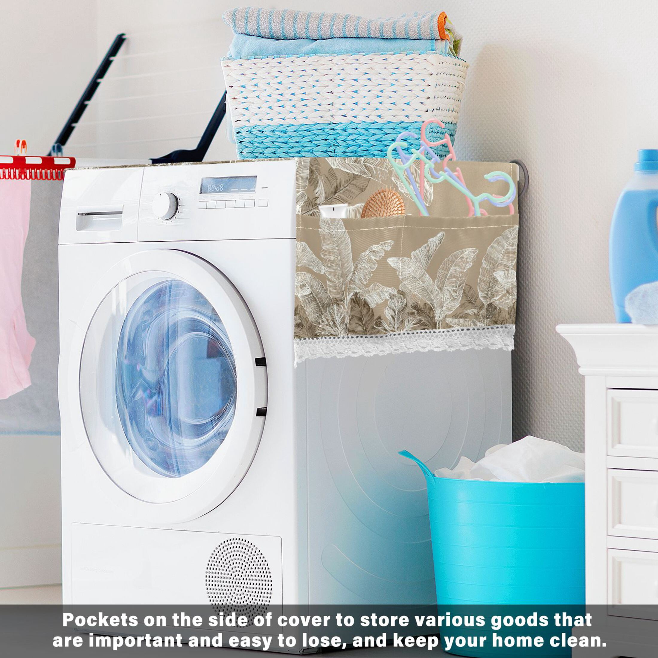Wobogo Linen Colored Tropical Plants Washing Machine Cover Dustproof Washer Dryer Cover Waterproof Laundry Room Decorative Protector