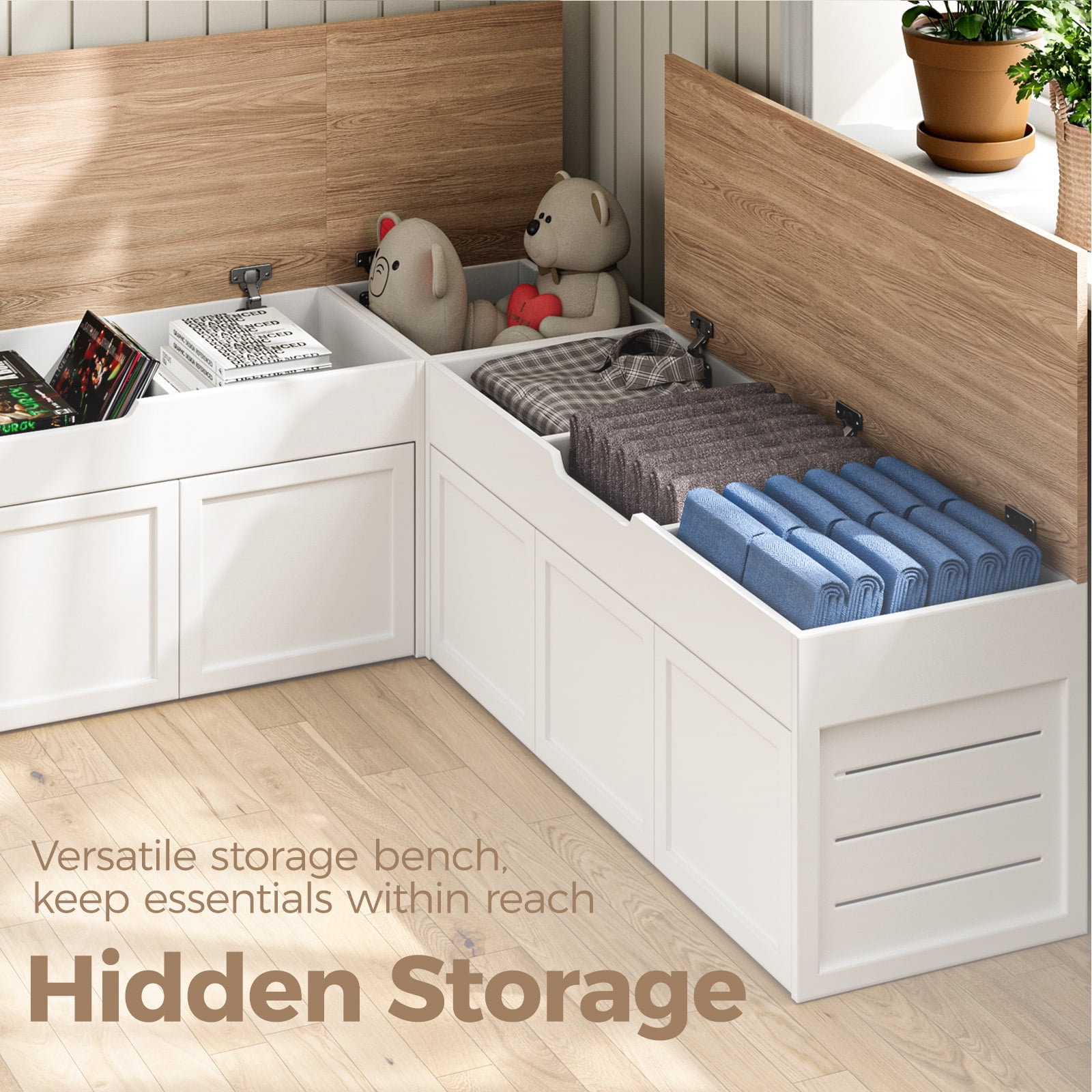 Advwin L-Shaped Corner Storage Bench, Backless Wood Bench with Hidden Storage for Kitchen, Dining Nook, Entryway & Mudroom, No Cushion