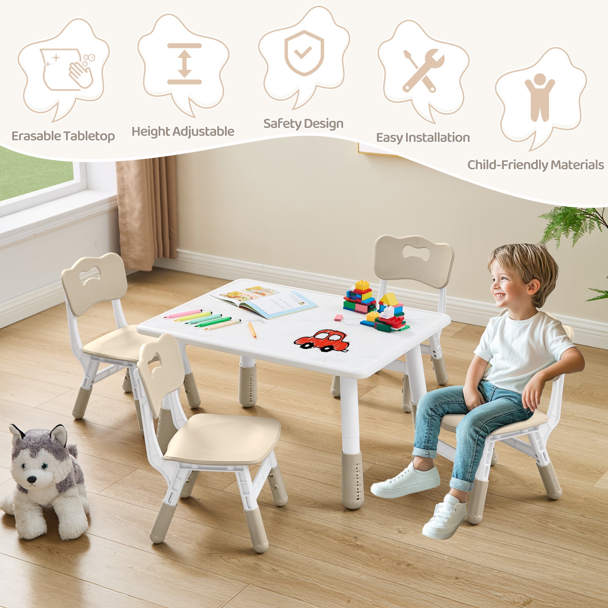 Toddler Table and 4 Chairs Set, Height Adjustable Kids Table and Chair Set, 31.5''L x 23.6''W, Marble Pattern & Graffiti Desktop, Children Multi-Activity Table for Home/Daycare/Classroom