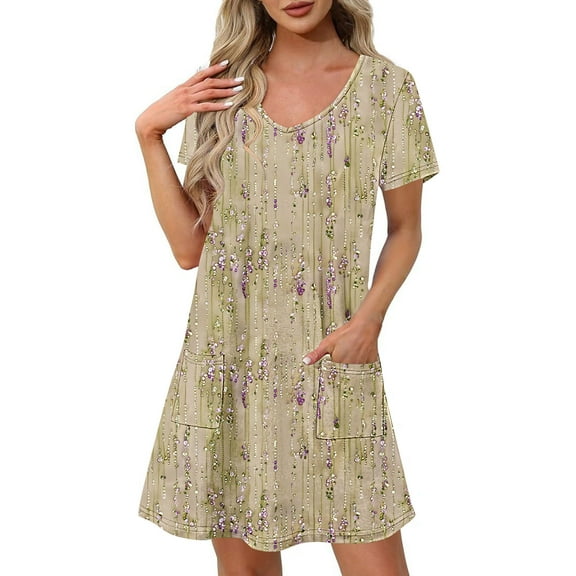 Summer Beach Dresses for Womens 2026 Fashion Plus Size Print Short-sleeved V-neck Casual Dress