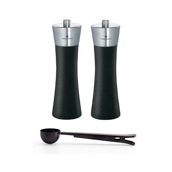 Zassenhaus Augsburg Salt & Pepper Grinder Mill, Gift Set 7-Inch, Black & Stainless Steel - With Stainless Steel Spice Scoop & Clip