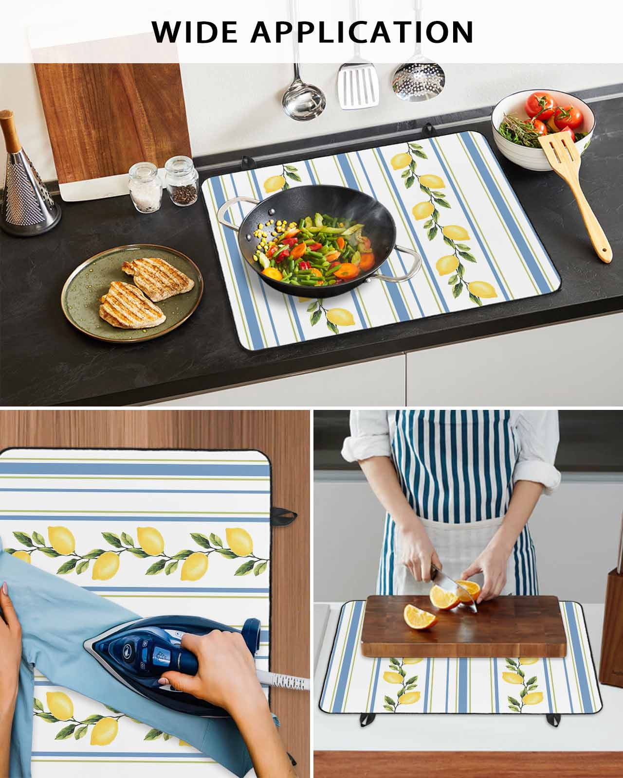 nqOlkjepod Large Induction Cooktop Protector Mat 24"x21", Yellow Lemon Stove Top Covers for Electric Stove, Farmhouse Modern Vertical Striped Fruit Stove Burner Cover Mats, Glass Top Stove Cover