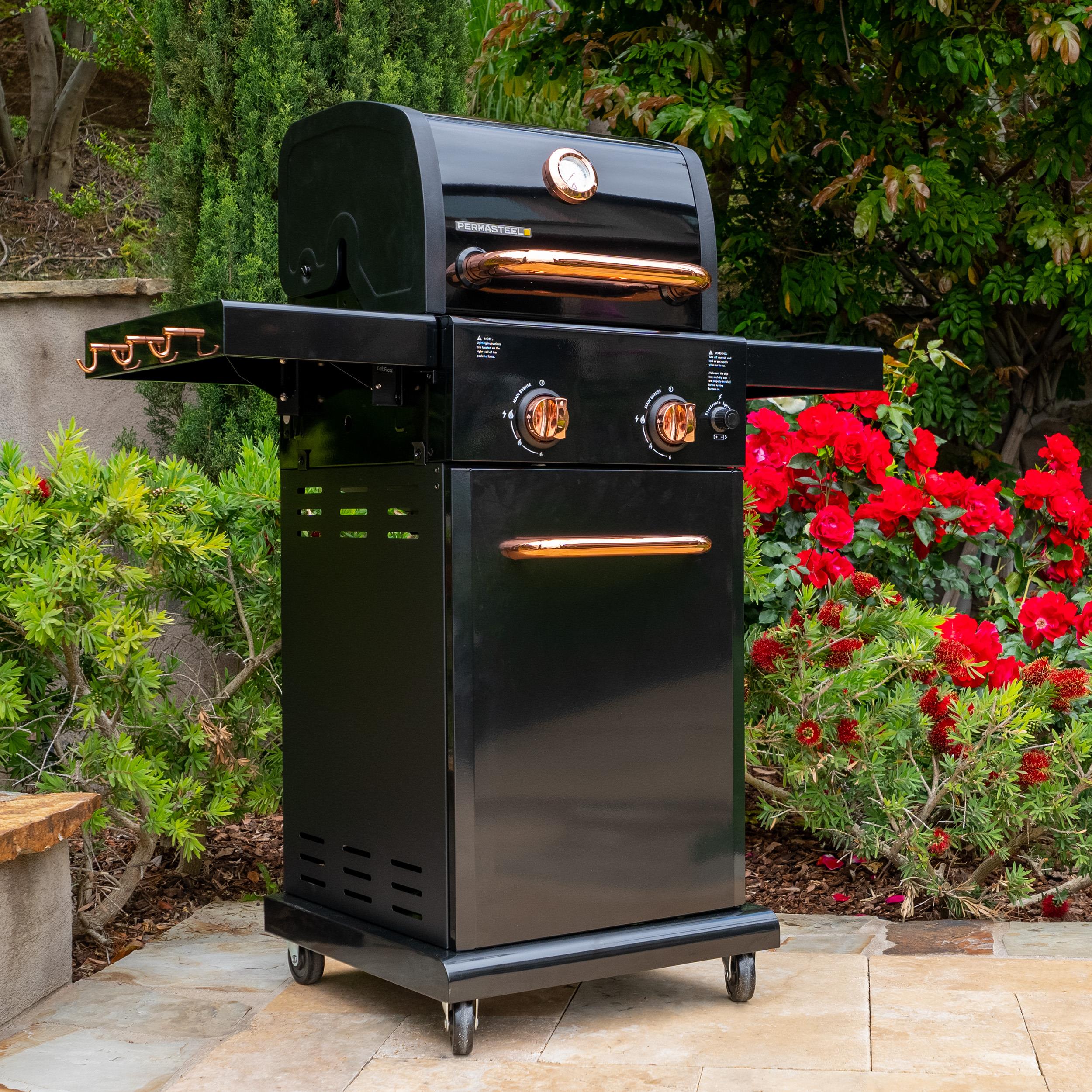 Permasteel 2-Burner Compact Propane Gas Grill with Foldable Sides, Black with Copper Accent