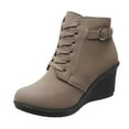 thumbnail image 4 of KIJBLAE Women's Wedge Boots Ankle Boots Lace Up Buckle Comfortable Shoes Suede Fall Winter Wedge Heel Round Toe Shoes Khaki 42, 4 of 7