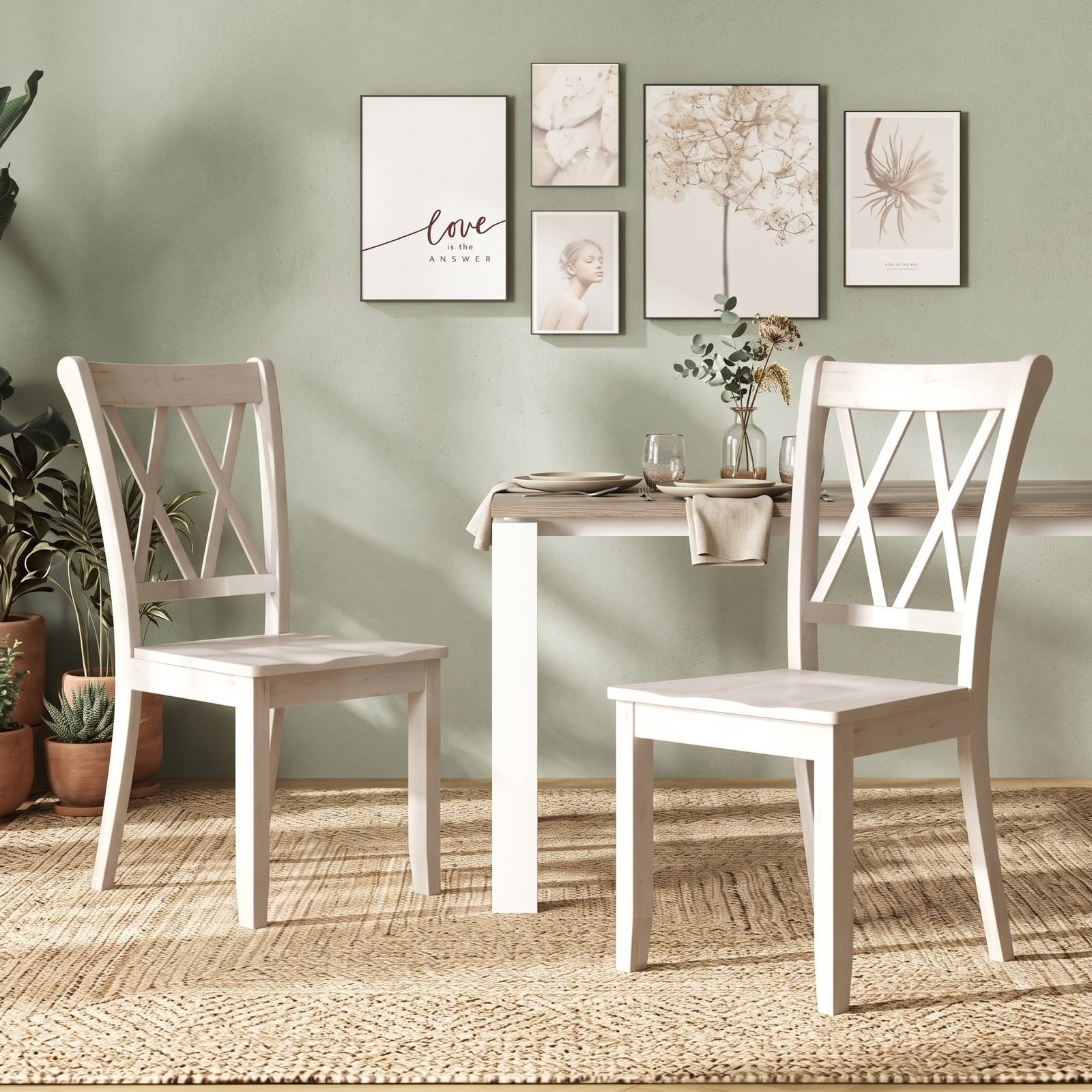Furnibear Set of 2 Wooden Dining Chairs, Mid Century Modern Farmhouse Kitchen Side Chairs with High Backrest and Rubber Wood Frame for Dining Room, White