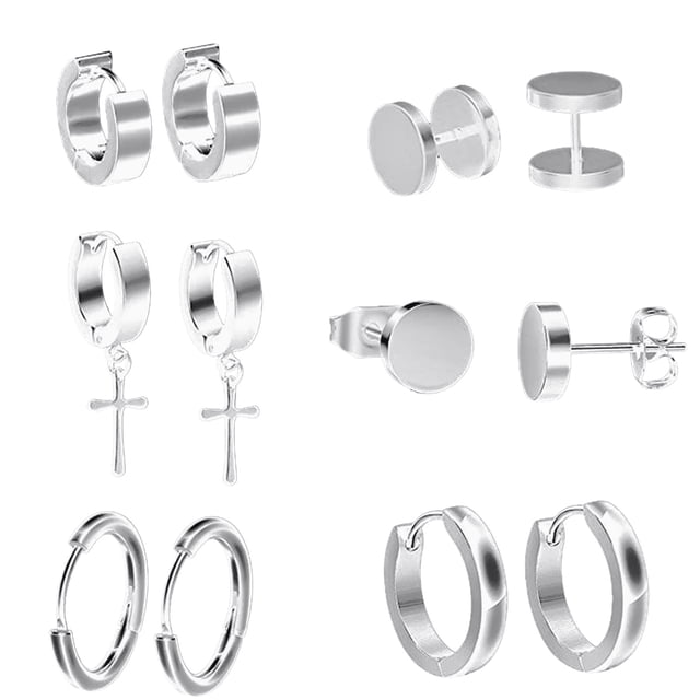 Fiudx Pendientes de Acero Inoxidable, 6 Pares de Estilos Únicos, Diseño de Clip Perforado Negro, Material Hipoalergénico, Accesorio de Uso Diario, Perfectos para Hombres y Mujeres, Empaque de Regalo
