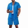 thumbnail image 3 of Men's Mesh See Through Shirts Hollow Out Mid Set 2 Piece Shirt Shorts Outfit for Casual Royal Blue M, 3 of 9