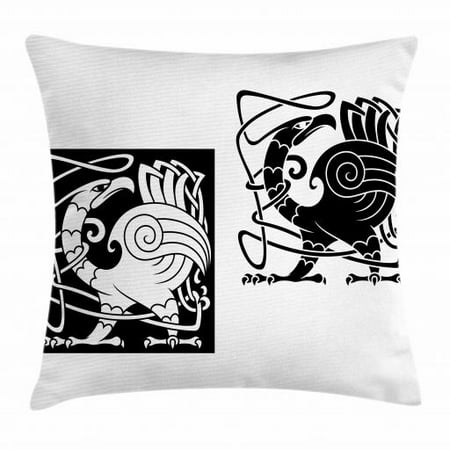 Celtic Love Birds Celtic Throw Pillow Cushion Cover, Bird Silhouettes Fantastic Animals with Tracery Inspired Ornamental Pattern, Decorative Square Accent Pillow Case, 18 X 18 Inches, Black and White, by Ambesonne ()