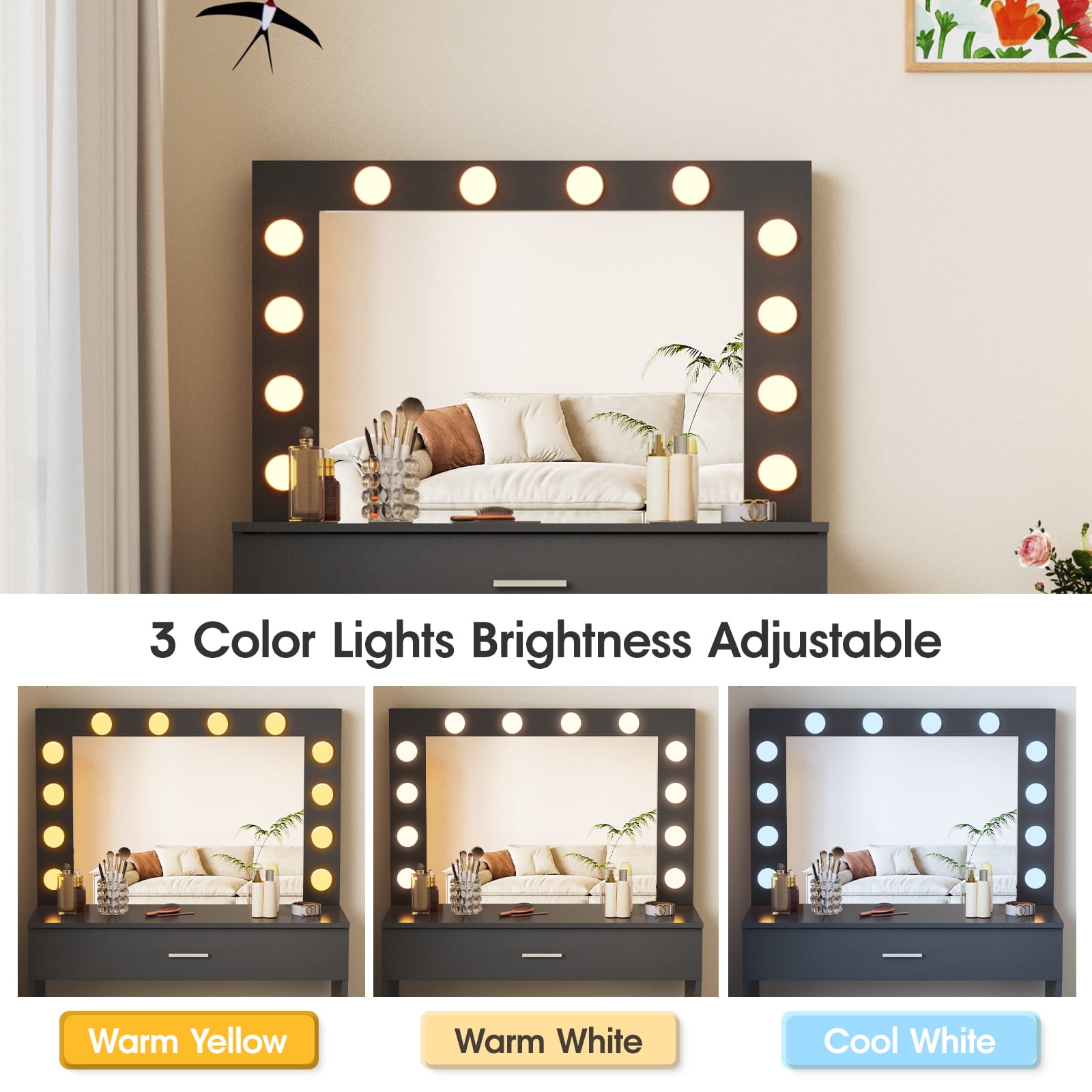 VEANERWOOD Modern Vanity Table with Lighted Mirror and Stool, Black Finish, for Bedroom