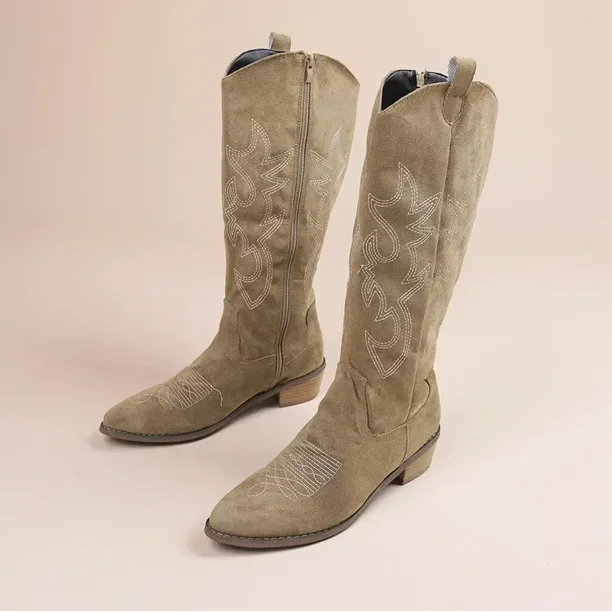 Botas vaqueras occidentales bordadas para Mujer, botines largos de cuero PU, con punta puntiaguda, tacón grueso, hasta la rodilla, holgados, otoño