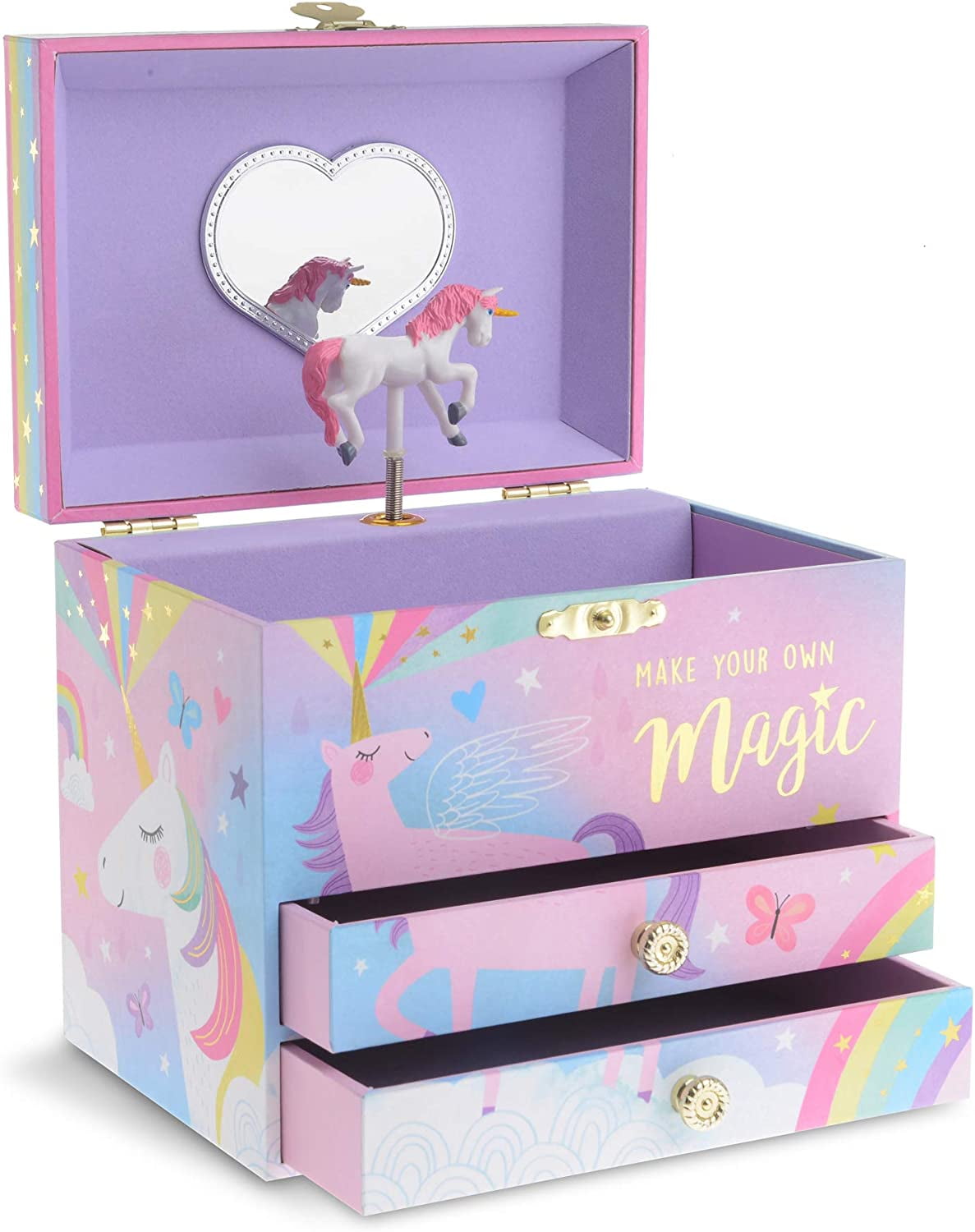 Jewelkeeper Musical Jewelry Box with 2 Pullout Drawers, Glitter Rainbow and Stars Unicorn Design,Over the Rainbow Tune