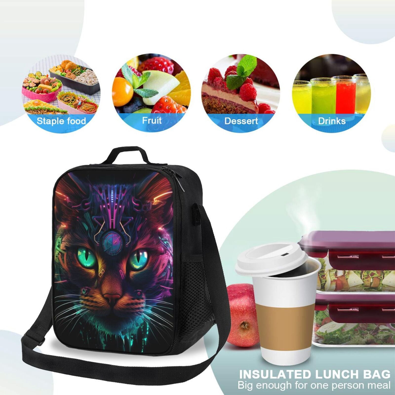 Ratiio Futuristic Cat Warrior Print Lunch Box - Reusable Lunch Bag Men Adult Women- Insulated LunchBox