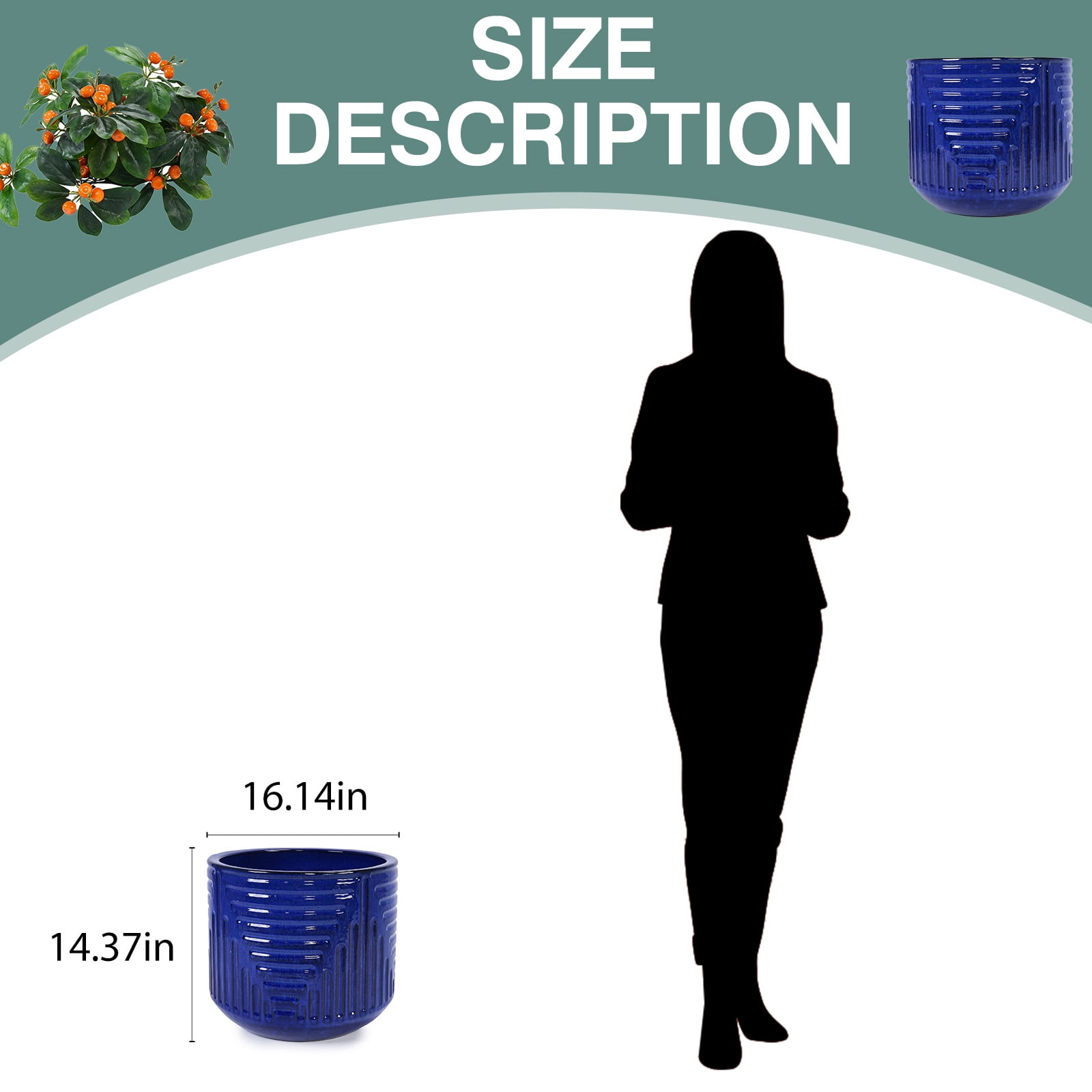 16" Dia Round Planters for Indoor Plants, Large Outdoor Planters with Drainage Holes, Ceramic Plant Pots Indoor & Outdoor for Home Garden Patio - Dark Blue