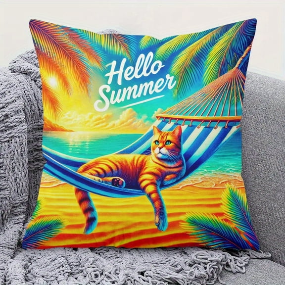 Pillowcase summer cat hammock relaxation, featuring a festive theme cushion cover with hidden zippers, suitable for sofas, living rooms, offices, and home decor - machine washable