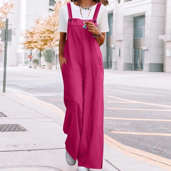 CQONEPT Womens Corduroy Bib Overall Casual Loose Romper Embroidered Y2k Jumpsuit Streetwear Pants with Pockets Hot Pink S
