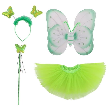 Kids' Fairy Wings Tutu Wand Headband Set for Halloween, Garden Party, Green