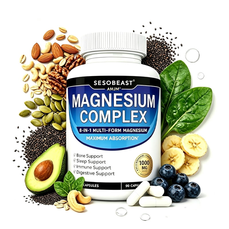 SESOBEAST Magnesium Complex 1000mg, 8-in-1 Chelated Multi Forms Supplement with Glycinate, Citrate, Malate & Taurate, High Absorption Formula, Supports Muscle, Bone, Energy, Immune Health & Restful S