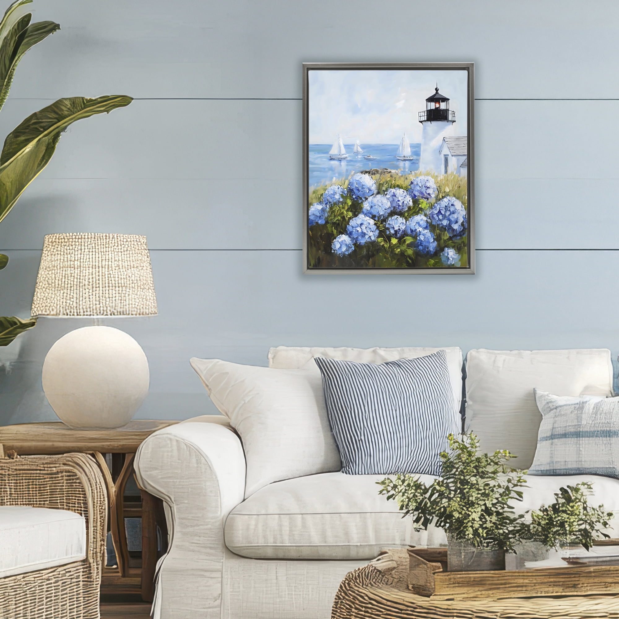 Stupell Industries Lighthouse Surrounded by Hydrangeas Gray Framed Floater Canvas Wall Art, design by Arlington Prints
