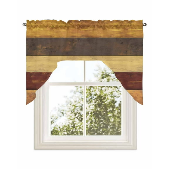 Brown Red Grey Farmhouse Kitchen Curtains Swag Valance for Windows/Bathroom/Cafe, Vintage Wooden Country Rod Pocket Drape Panel Swag Curtains Valance for Bedroom/Living Room 56"x36"