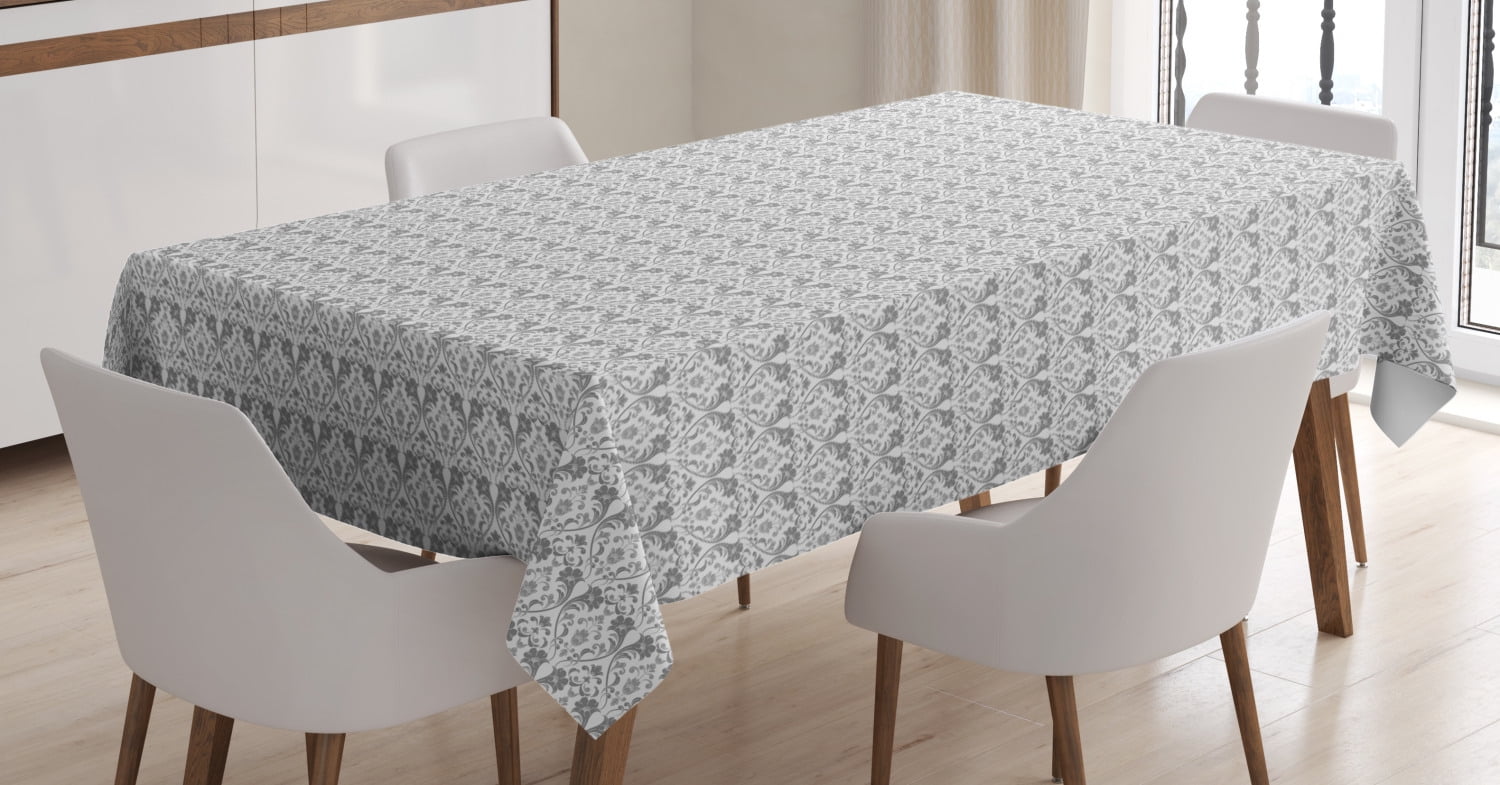Grey and White Tablecloth, Vintage Flourishing Flowers with Traditional