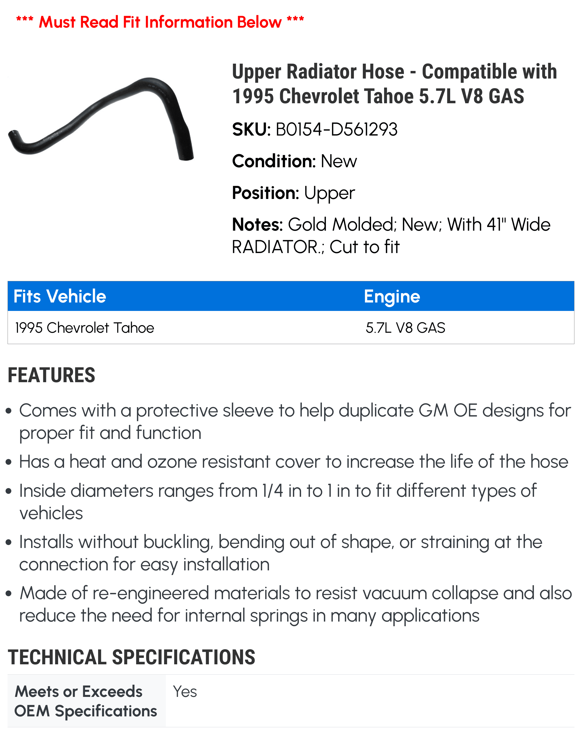 Upper Radiator Hose - Compatible with 1995 Chevrolet Tahoe 5.7L V8 GAS - AC Delco