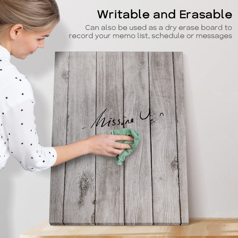 Magnetic Boards for Wall 18"x24" Wooden Planks Print Decorative White Board Magnetic Dry Erase Board Message Center Photo Board Bulletin Board with Magnets&Markers, Grey Wooden Planks