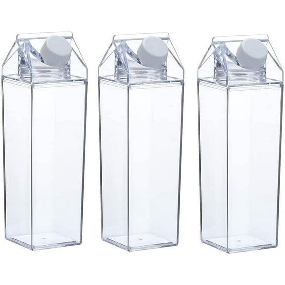 Gseagtia 3 Pack Milk Carton Water Bottle Clear Square Milk Bottles Plastic Leak proof Cup