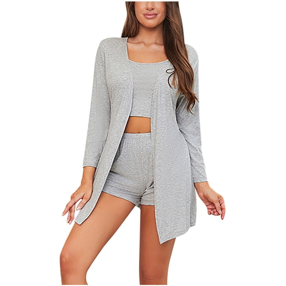 HUJlwoi 3 Piece Pajama Sets for Women Robe Cami Tank Top and Shorts Pj Set Soft Comfortable Sleepwear Casual Homewear
