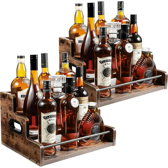 2 Pack Liquor Bottle Display Shelf, Coffee Syrup Rack Organizer, 3 Step Countertop Liquor Wine Rack,Mini Bar, Liquor Cabinet, Home Retro Bar Shelf Stand for Liquor Whiskey, Spirits, Brown
