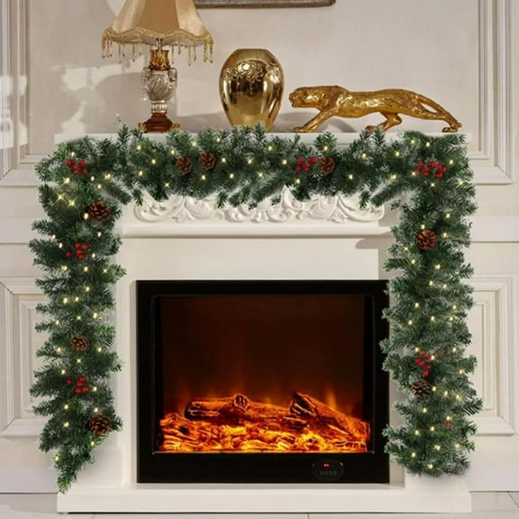 Guvpev 9FT Christmas Garland with Lights, Artificial Christmas Cedar Garland with Pinecone & Berry, Real Touch Faux Greenery Garland for Mantle, Table, TV Stand, Indoor Outdoor Christmas Decorations