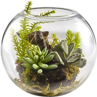 Nearly Natural Mix Succulent Garden with Glass Vase