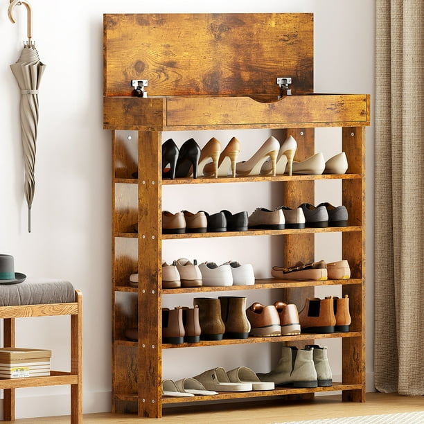 SogesPower 5 Tier Shoe Rack Wooden Shoe Storage Shelf for Entryway Walnut