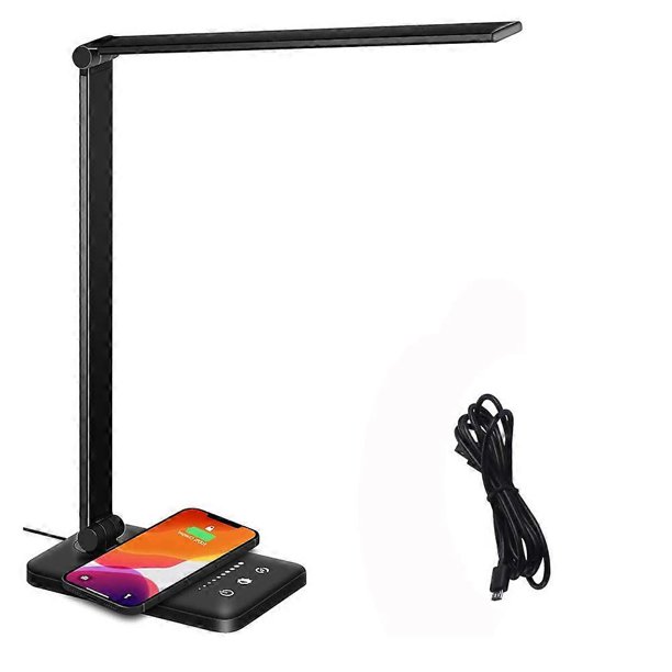 LED Desk Lamp with Wireless Charger, USB Charging Port, Dimmable Desk Lamp with 5 Brightness Levels and 5 Light Modes, Touch Control, Auto Timer (Blac