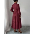 thumbnail image 6 of Burgundy Button-Front Shirt Dress Women Long Sleeve Notch Lapel Tiered Ruffle Midi Elegant Casual, 6 of 6