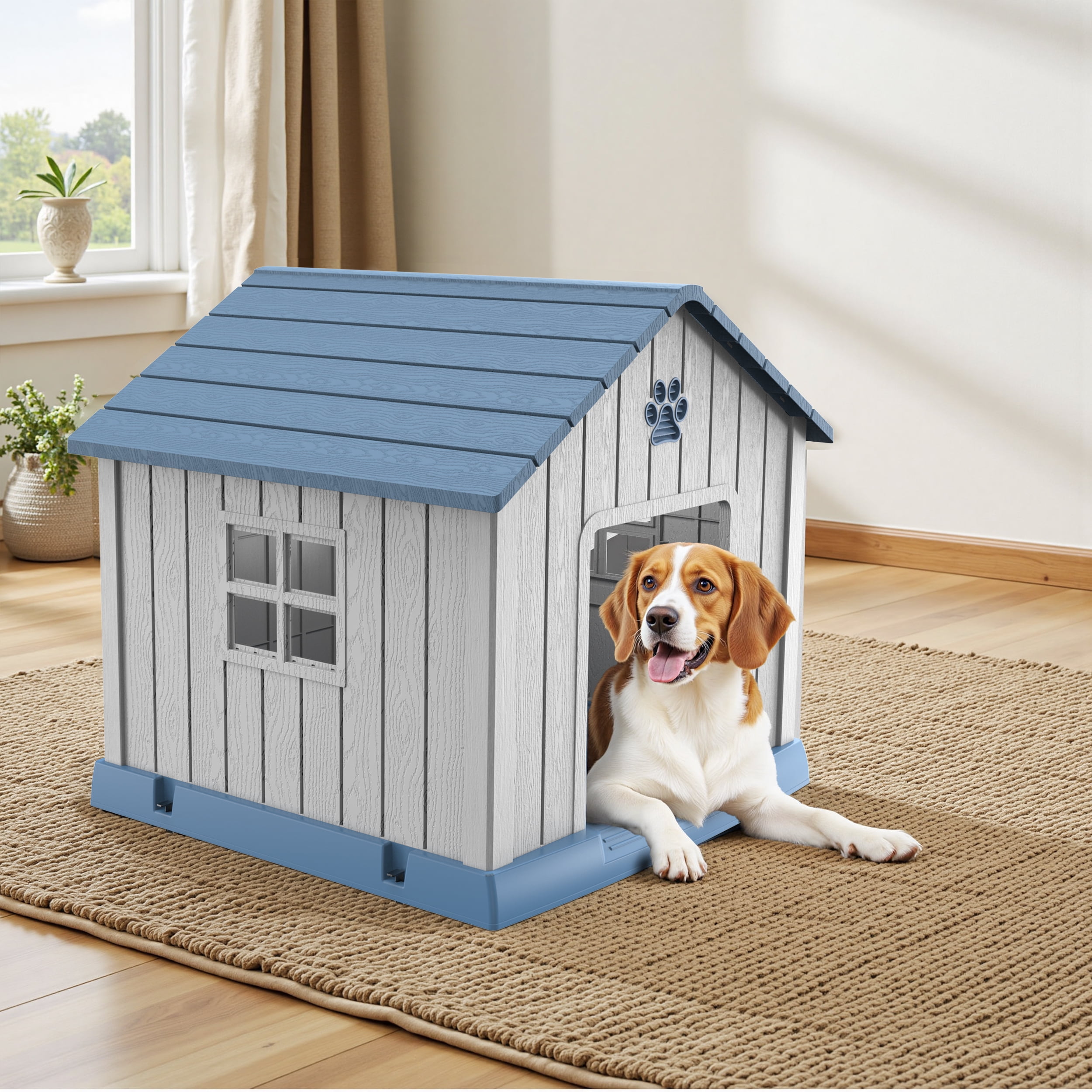 Dog House Indoor Outdoor for Small to Large Sized Dogs Indoor Outdoor Doghouse Puppy Shelter with Elevated Floor, Easy to Assemble (Blue&Grey, 38Inch(37.8 * 40.87 * 38.82))