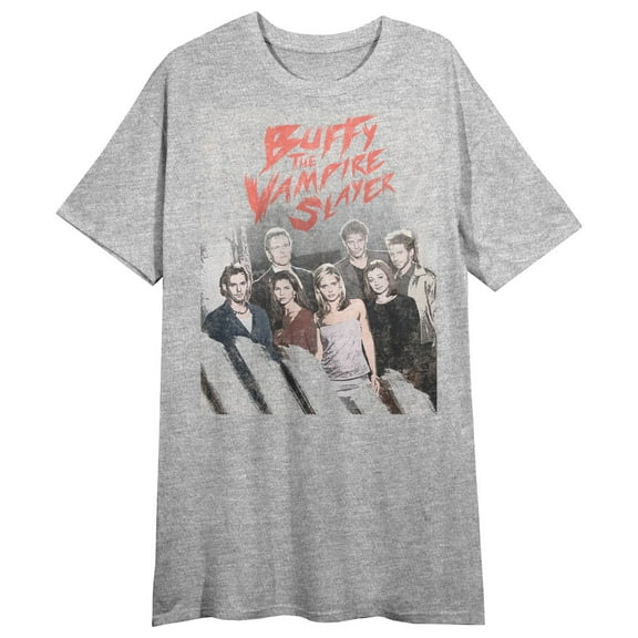 Buffy the Vampire Slayer Cast and Logo Women's Heather Gray Short Sleeve Crew Neck Sleep Shirt-XL