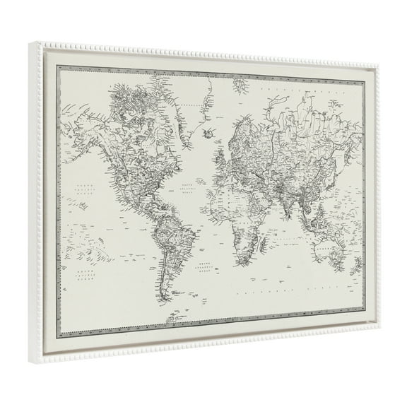 Kate and Laurel Sylvie Beaded Vintage Black and White World Map Vintage Framed Canvas Wall Art by The Creative Bunch Studio, 28x38 White, Modern Geographical Map Decor